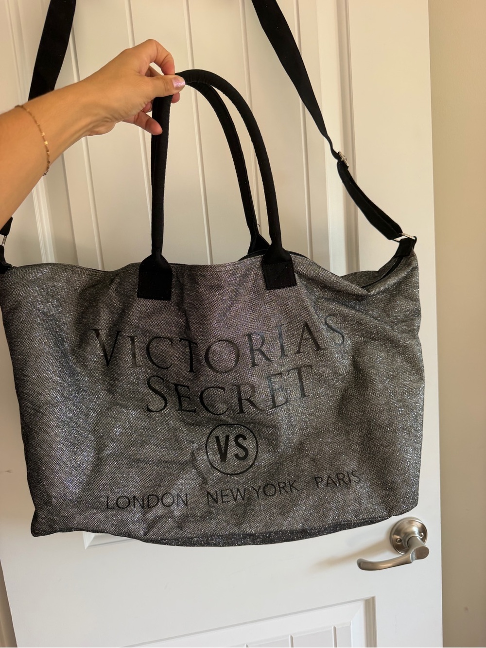 Victoria's Secret Sparkle Gray Tote Bag with Black Trim